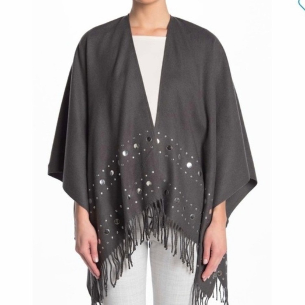 Michael Kors Fringe Studded Knit Poncho Wrap Shawl Womens OS Gray Cozy Fall Warm